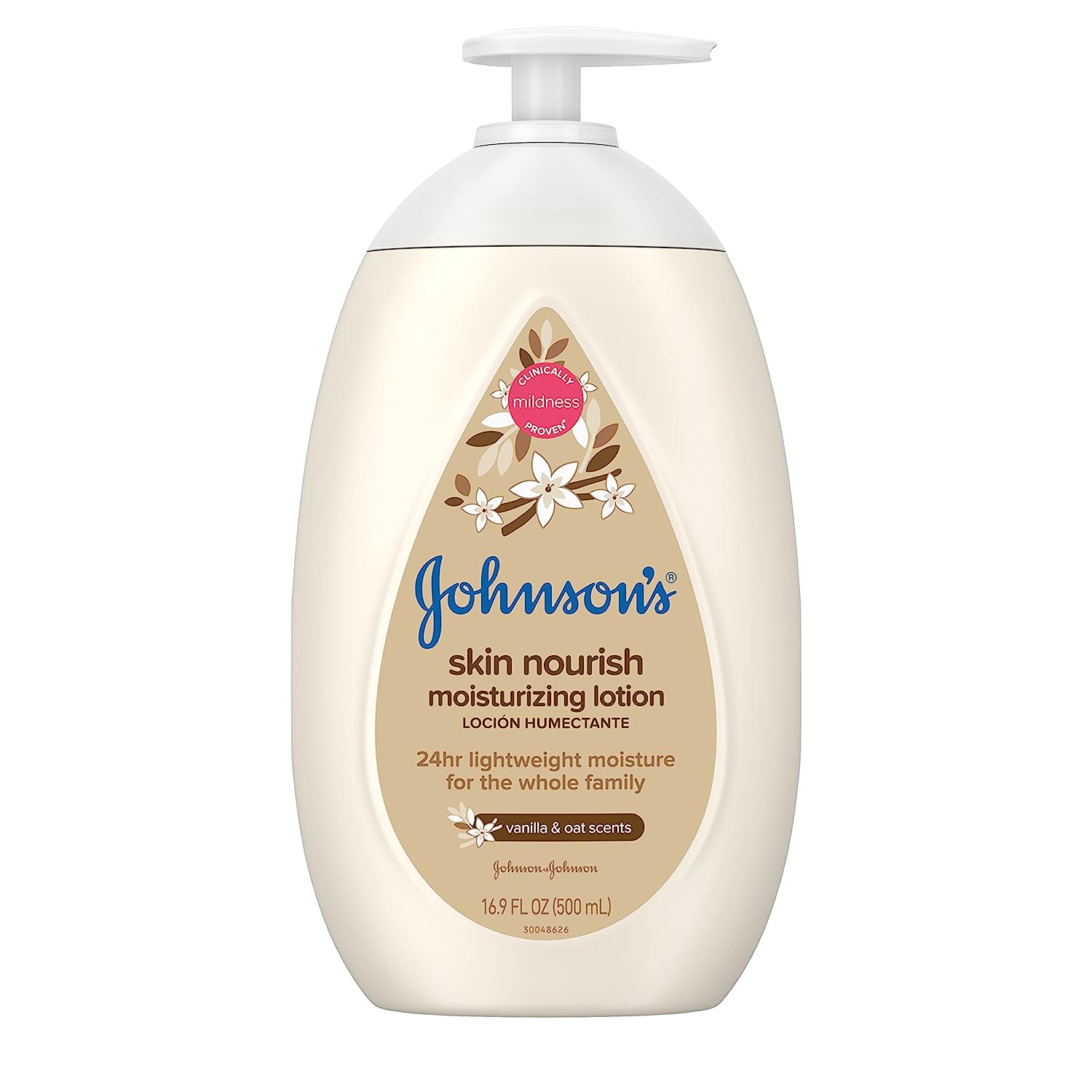 230816082120276_1 Johnson's Skin Nourish Moisturizing Baby Lotion for Dry Skin with Vanilla & Oat Scents, Gentle & Lightweight Body Lotion for The Whole Family, Hypoallergenic, Dye-Free, 16.9 fl. oz - Image 1